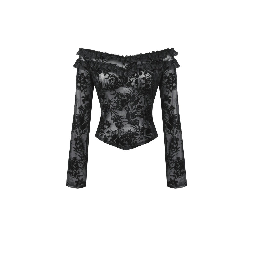Dark in Love - Gothic Sexy Off-Shoulder Velvet Lace Longsleeve top - Zwart